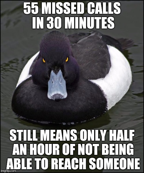 hi res angry advice mallard | 55 MISSED CALLS IN 30 MINUTES; STILL MEANS ONLY HALF AN HOUR OF NOT BEING ABLE TO REACH SOMEONE | image tagged in hi res angry advice mallard,AdviceAnimals | made w/ Imgflip meme maker
