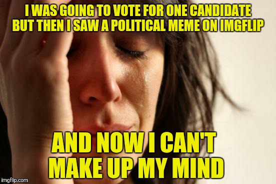 First World Problems | I WAS GOING TO VOTE FOR ONE CANDIDATE BUT THEN I SAW A POLITICAL MEME ON IMGFLIP; AND NOW I CAN'T MAKE UP MY MIND | image tagged in memes,first world problems | made w/ Imgflip meme maker
