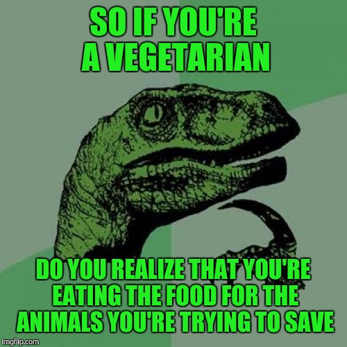 Philosoraptor | SO IF YOU'RE A VEGETARIAN; DO YOU REALIZE THAT YOU'RE EATING THE FOOD FOR THE ANIMALS YOU'RE TRYING TO SAVE | image tagged in memes,philosoraptor | made w/ Imgflip meme maker