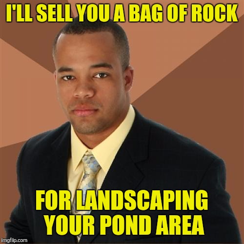 Successful Black Man Meme | I'LL SELL YOU A BAG OF ROCK; FOR LANDSCAPING YOUR POND AREA | image tagged in memes,successful black man | made w/ Imgflip meme maker
