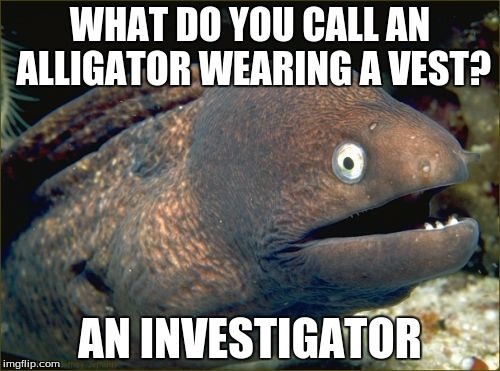 Bad Joke Eel | WHAT DO YOU CALL AN ALLIGATOR WEARING A VEST? AN INVESTIGATOR | image tagged in memes,bad joke eel | made w/ Imgflip meme maker