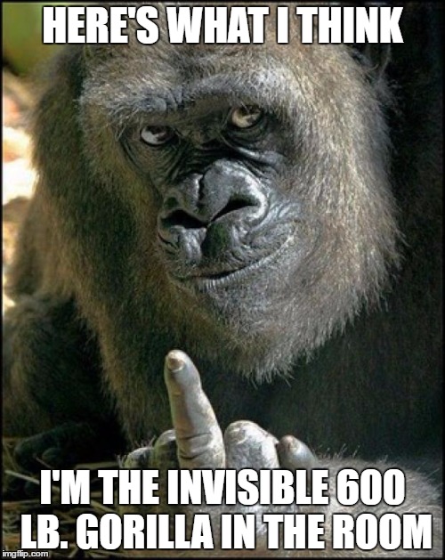 Gorilla Sushi Says | HERE'S WHAT I THINK; I'M THE INVISIBLE 600 LB. GORILLA IN THE ROOM | image tagged in gorilla sushi says | made w/ Imgflip meme maker