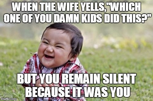 Evil Toddler Meme | WHEN THE WIFE YELLS,"WHICH ONE OF YOU DAMN KIDS DID THIS?"; BUT YOU REMAIN SILENT BECAUSE IT WAS YOU | image tagged in memes,evil toddler | made w/ Imgflip meme maker