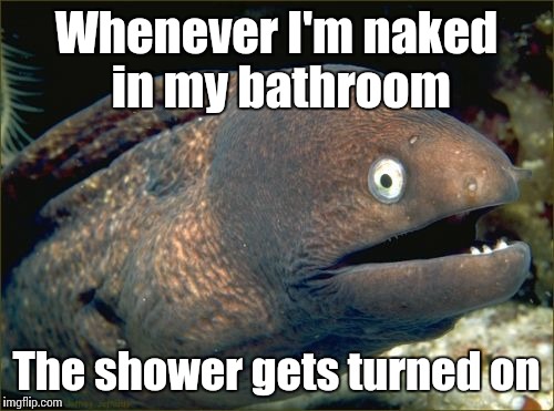 Bad Joke Eel Meme | Whenever I'm naked in my bathroom; The shower gets turned on | image tagged in memes,bad joke eel,trhtimmy,naked | made w/ Imgflip meme maker