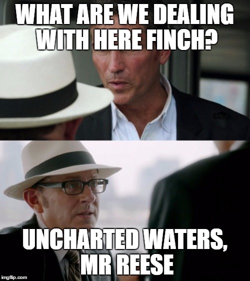 What are we dealing with here, Finch? | WHAT ARE WE DEALING WITH HERE FINCH? UNCHARTED WATERS, MR REESE | image tagged in meme | made w/ Imgflip meme maker