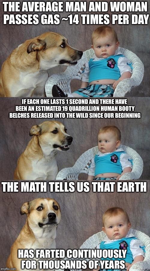 I think Earth and Uranus got mixed up at birth | THE AVERAGE MAN AND WOMAN PASSES GAS ~14 TIMES PER DAY; IF EACH ONE LASTS 1 SECOND AND THERE HAVE BEEN AN ESTIMATED 19 QUADRILLION HUMAN BOOTY BELCHES RELEASED INTO THE WILD SINCE OUR BEGINNING; THE MATH TELLS US THAT EARTH; HAS FARTED CONTINUOUSLY FOR THOUSANDS OF YEARS | image tagged in memes,dad joke dog,farts,earth,humans,gas | made w/ Imgflip meme maker