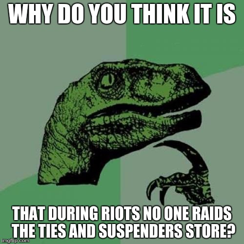 Philosoraptor Meme | WHY DO YOU THINK IT IS; THAT DURING RIOTS NO ONE RAIDS THE TIES AND SUSPENDERS STORE? | image tagged in memes,philosoraptor | made w/ Imgflip meme maker