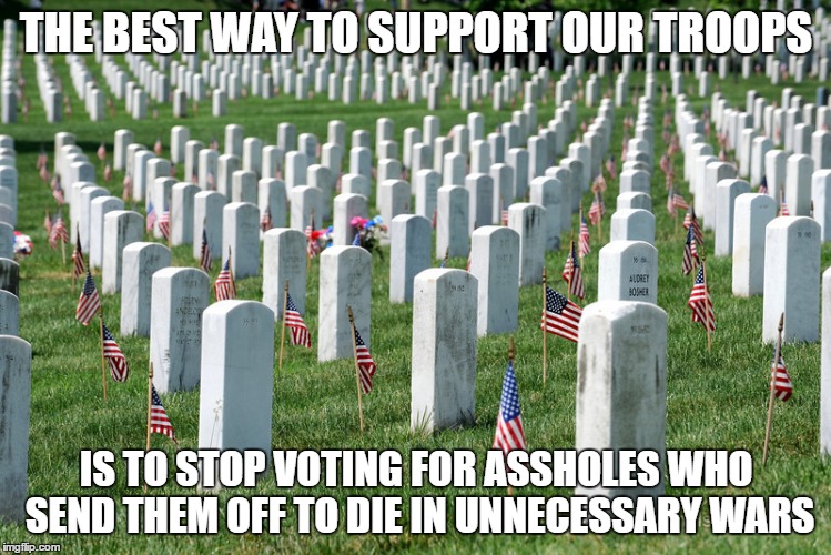 THE BEST WAY TO SUPPORT OUR TROOPS; IS TO STOP VOTING FOR ASSHOLES WHO SEND THEM OFF TO DIE IN UNNECESSARY WARS | image tagged in politics,troops | made w/ Imgflip meme maker