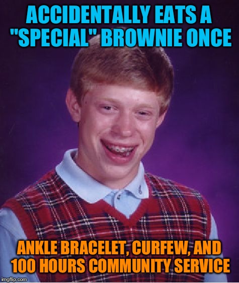 Bad Luck Brian Meme | ACCIDENTALLY EATS A "SPECIAL" BROWNIE ONCE ANKLE BRACELET, CURFEW, AND 100 HOURS COMMUNITY SERVICE | image tagged in memes,bad luck brian | made w/ Imgflip meme maker