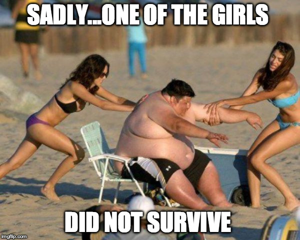 Women Helping Fat Guy | SADLY...ONE OF THE GIRLS; DID NOT SURVIVE | image tagged in women helping fat guy,chair,beach,fat | made w/ Imgflip meme maker
