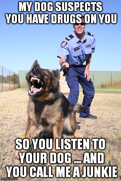 Police dog | MY DOG SUSPECTS YOU HAVE DRUGS ON YOU; SO YOU LISTEN TO YOUR DOG ... AND YOU CALL ME A JUNKIE | image tagged in police dog | made w/ Imgflip meme maker