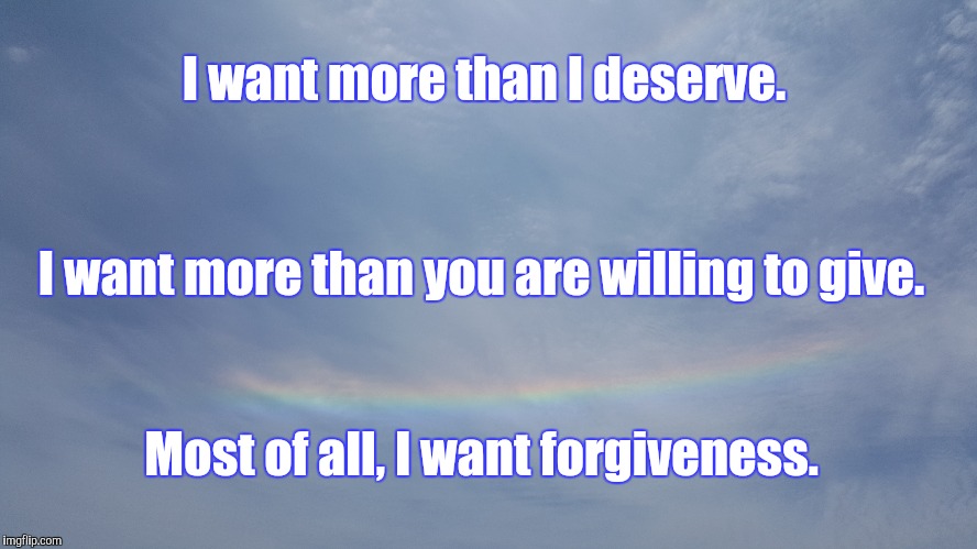 I want more than I deserve. I want more than you are willing to give. Most of all, I want forgiveness. | image tagged in i want more,forgiveness | made w/ Imgflip meme maker