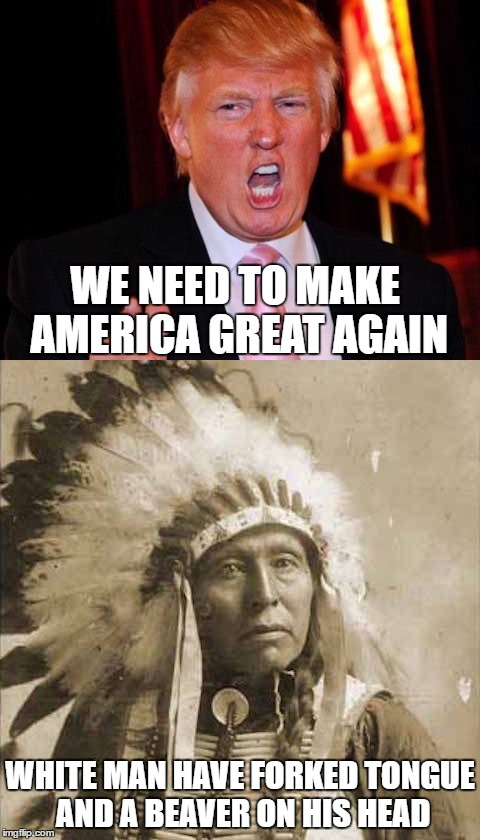 Donald Trump and Native American | WE NEED TO MAKE AMERICA GREAT AGAIN; WHITE MAN HAVE FORKED TONGUE AND A BEAVER ON HIS HEAD | image tagged in donald trump and native american | made w/ Imgflip meme maker