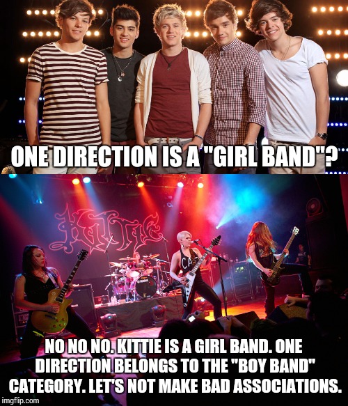 You did this! YOU! | ONE DIRECTION IS A "GIRL BAND"? NO NO NO. KITTIE IS A GIRL BAND. ONE DIRECTION BELONGS TO THE "BOY BAND" CATEGORY. LET'S NOT MAKE BAD ASSOCIATIONS. | image tagged in one direction,1d,metal | made w/ Imgflip meme maker