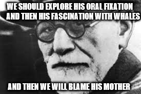 Sigmund says | WE SHOULD EXPLORE HIS ORAL FIXATION; AND THEN HIS FASCINATION WITH WHALES; AND THEN WE WILL BLAME HIS MOTHER | image tagged in sigmund says | made w/ Imgflip meme maker