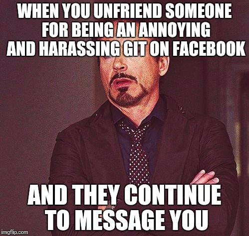 Robert Downey Jr Annoyed |  WHEN YOU UNFRIEND SOMEONE FOR BEING AN ANNOYING AND HARASSING GIT ON FACEBOOK; AND THEY CONTINUE TO MESSAGE YOU | image tagged in robert downey jr annoyed | made w/ Imgflip meme maker