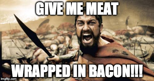 FOR SPARTA'S TASTEBUDS!!!! | GIVE ME MEAT; WRAPPED IN BACON!!! | image tagged in memes,sparta leonidas,bacon,bacon wrapped,meat,yelling | made w/ Imgflip meme maker