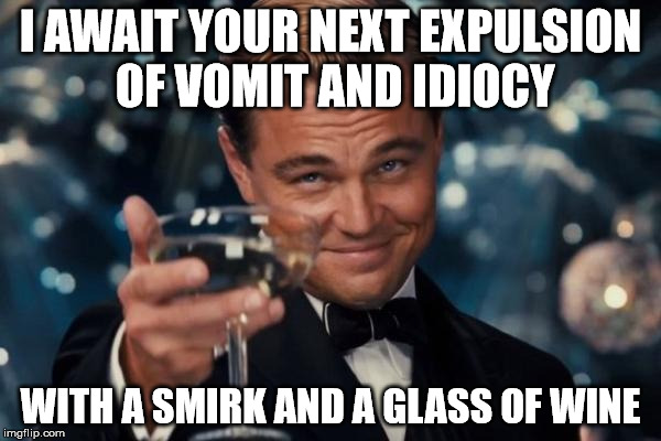 Please, keep saying stupid shit.
 | I AWAIT YOUR NEXT EXPULSION OF VOMIT AND IDIOCY; WITH A SMIRK AND A GLASS OF WINE | image tagged in memes,leonardo dicaprio cheers | made w/ Imgflip meme maker