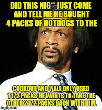 Katt Williams | DID THIS NIG** JUST COME AND TELL ME HE BOUGHT 4 PACKS OF HOTDOGS TO THE; COOKOUT AND Y'ALL ONLY USED 1 1/2 PACKS HE WANTS TO TAKE THE OTHER 2 1/2 PACKS BACK WITH HIM. | image tagged in katt williams | made w/ Imgflip meme maker