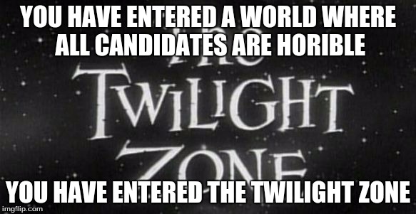 YOU HAVE ENTERED A WORLD WHERE ALL CANDIDATES ARE HORIBLE; YOU HAVE ENTERED THE TWILIGHT ZONE | image tagged in twilight zone | made w/ Imgflip meme maker