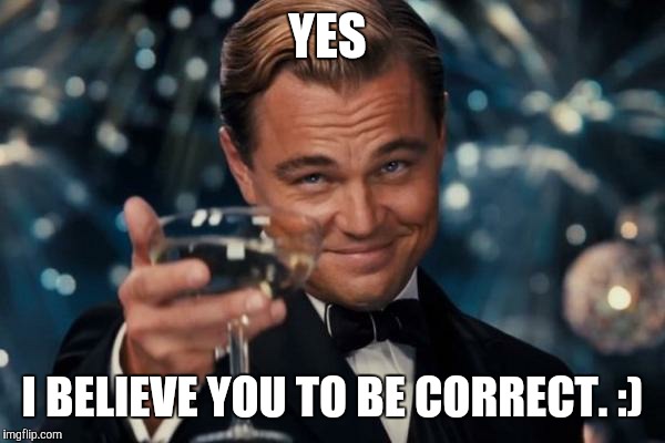 Leonardo Dicaprio Cheers Meme | YES I BELIEVE YOU TO BE CORRECT. :) | image tagged in memes,leonardo dicaprio cheers | made w/ Imgflip meme maker