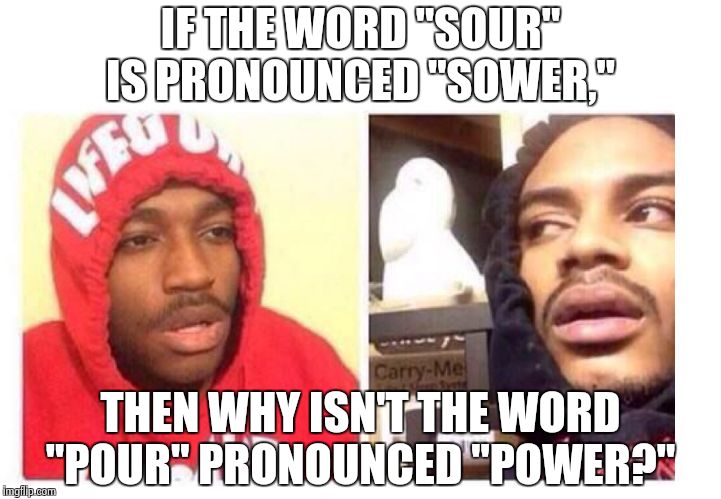 Hits blunt | IF THE WORD "SOUR" IS PRONOUNCED "SOWER,"; THEN WHY ISN'T THE WORD "POUR" PRONOUNCED "POWER?" | image tagged in hits blunt | made w/ Imgflip meme maker