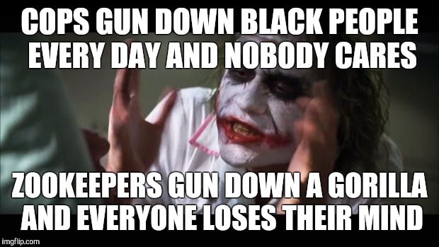 And everybody loses their minds | COPS GUN DOWN BLACK PEOPLE EVERY DAY AND NOBODY CARES; ZOOKEEPERS GUN DOWN A GORILLA AND EVERYONE LOSES THEIR MIND | image tagged in memes,and everybody loses their minds | made w/ Imgflip meme maker
