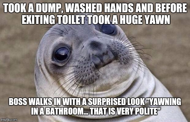Awkward Moment Sealion | TOOK A DUMP, WASHED HANDS AND BEFORE EXITING TOILET TOOK A HUGE YAWN; BOSS WALKS IN WITH A SURPRISED LOOK "YAWNING IN A BATHROOM... THAT IS VERY POLITE" | image tagged in memes,awkward moment sealion,AdviceAnimals | made w/ Imgflip meme maker