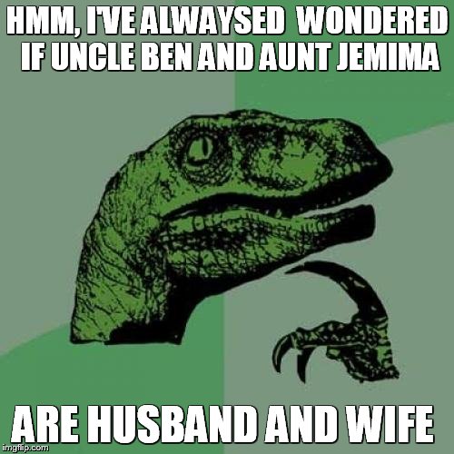 Philosoraptor Meme | HMM, I'VE ALWAYSED  WONDERED IF UNCLE BEN AND AUNT JEMIMA; ARE HUSBAND AND WIFE | image tagged in memes,philosoraptor | made w/ Imgflip meme maker