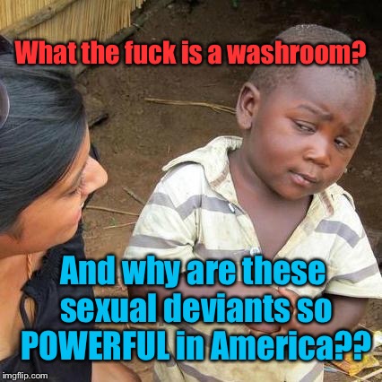 Third World Skeptical Kid Meme | What the f**k is a washroom? And why are these sexual deviants so POWERFUL in America?? | image tagged in memes,third world skeptical kid | made w/ Imgflip meme maker