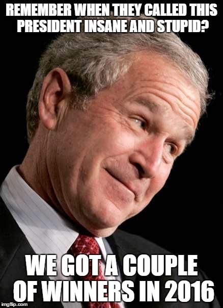 George Bush Blame | REMEMBER WHEN THEY CALLED THIS PRESIDENT INSANE AND STUPID? WE GOT A COUPLE OF WINNERS IN 2016 | image tagged in george bush blame | made w/ Imgflip meme maker