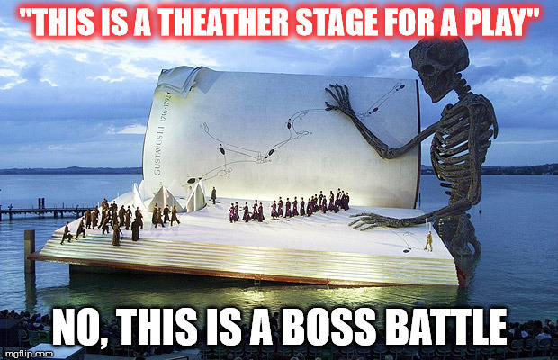 Big Skeleton Reading a Book Filled with People | "THIS IS A THEATHER STAGE FOR A PLAY"; NO, THIS IS A BOSS BATTLE | image tagged in memes,funny,skeleton,book,rpg,boss battle | made w/ Imgflip meme maker