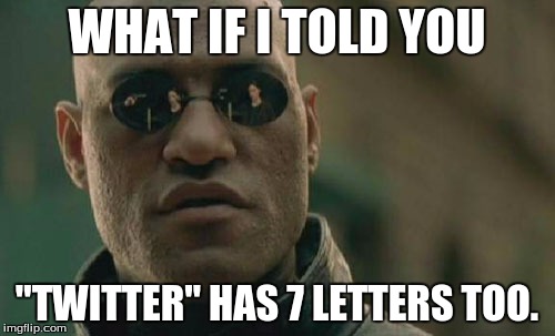 Matrix Morpheus Meme | WHAT IF I TOLD YOU "TWITTER" HAS 7 LETTERS TOO. | image tagged in memes,matrix morpheus | made w/ Imgflip meme maker