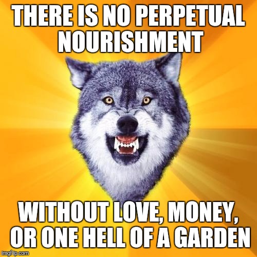 "Old" Add-Age | THERE IS NO PERPETUAL NOURISHMENT; WITHOUT LOVE, MONEY, OR ONE HELL OF A GARDEN | image tagged in memes,courage wolf | made w/ Imgflip meme maker