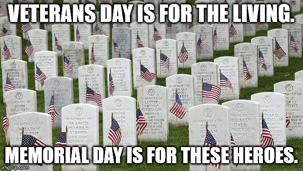Memorial Day | VETERANS DAY IS FOR THE LIVING. MEMORIAL DAY IS FOR THESE HEROES. | image tagged in memorial day | made w/ Imgflip meme maker