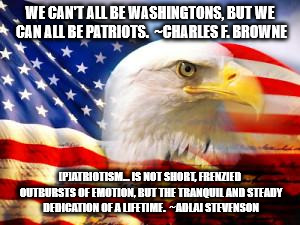 American Flag | WE CAN'T ALL BE WASHINGTONS, BUT WE CAN ALL BE PATRIOTS.  ~CHARLES F. BROWNE; [P]ATRIOTISM... IS NOT SHORT, FRENZIED OUTBURSTS OF EMOTION, BUT THE TRANQUIL AND STEADY DEDICATION OF A LIFETIME.  ~ADLAI STEVENSON | image tagged in american flag | made w/ Imgflip meme maker
