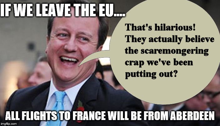 Cameron at his best | IF WE LEAVE THE EU.... ALL FLIGHTS TO FRANCE WILL BE FROM ABERDEEN | image tagged in david cameron,eu | made w/ Imgflip meme maker