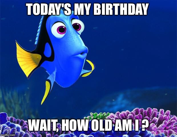 Dory | TODAY'S MY BIRTHDAY; WAIT, HOW OLD AM I ? | image tagged in dory | made w/ Imgflip meme maker