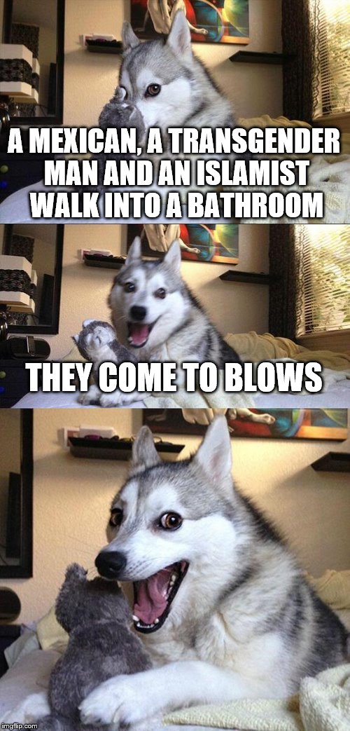 Bad Pun Dog | A MEXICAN, A TRANSGENDER MAN AND AN ISLAMIST WALK INTO A BATHROOM; THEY COME TO BLOWS | image tagged in memes,bad pun dog | made w/ Imgflip meme maker