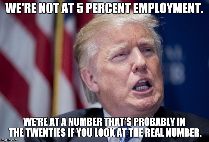 Donald Trump Derp | WE'RE NOT AT 5 PERCENT EMPLOYMENT. WE'RE AT A NUMBER THAT'S PROBABLY IN THE TWENTIES IF YOU LOOK AT THE REAL NUMBER. | image tagged in donald trump derp | made w/ Imgflip meme maker