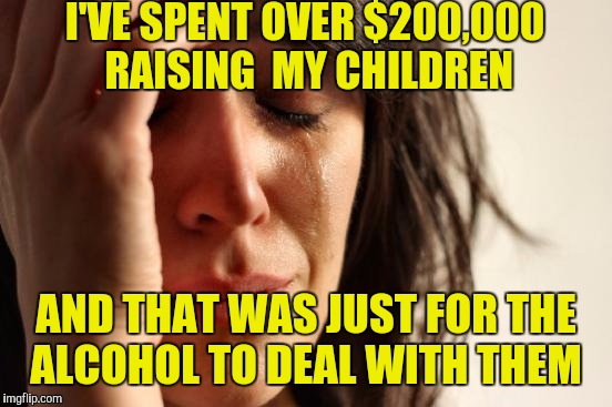 First World Problems | I'VE SPENT OVER $200,000 RAISING  MY CHILDREN; AND THAT WAS JUST FOR THE ALCOHOL TO DEAL WITH THEM | image tagged in memes,first world problems | made w/ Imgflip meme maker