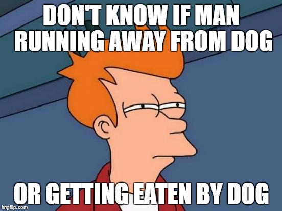 Futurama Fry Meme | DON'T KNOW IF MAN RUNNING AWAY FROM DOG; OR GETTING EATEN BY DOG | image tagged in memes,futurama fry | made w/ Imgflip meme maker