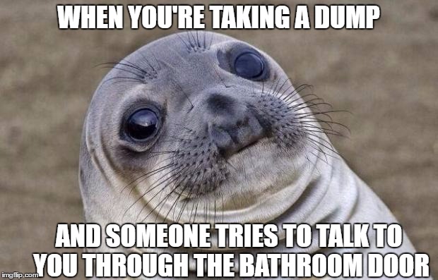 That's "me time" right there. I just want some privacy. Haha | WHEN YOU'RE TAKING A DUMP; AND SOMEONE TRIES TO TALK TO YOU THROUGH THE BATHROOM DOOR | image tagged in memes,awkward moment sealion,taking a dump,bathroom,door,funny | made w/ Imgflip meme maker