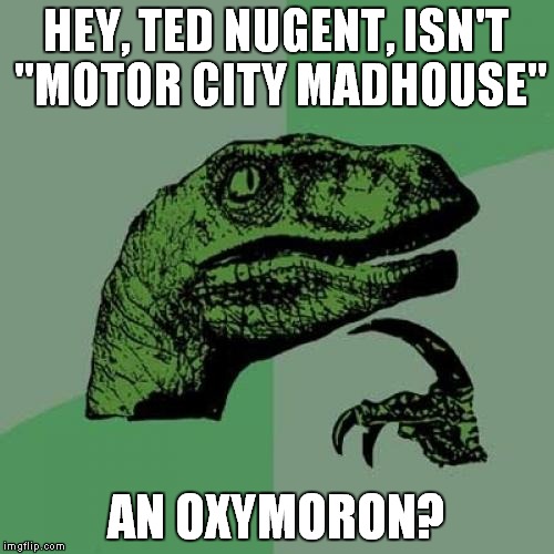 You don't have to be crazy to live there, but it helps! | HEY, TED NUGENT, ISN'T "MOTOR CITY MADHOUSE"; AN OXYMORON? | image tagged in memes,philosoraptor,detroit,ted nugent | made w/ Imgflip meme maker