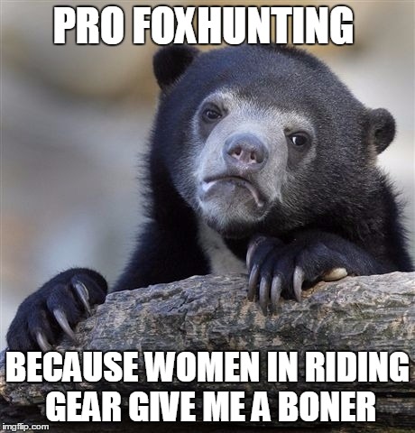 Confession Bear | PRO FOXHUNTING; BECAUSE WOMEN IN RIDING GEAR GIVE ME A BONER | image tagged in memes,confession bear | made w/ Imgflip meme maker