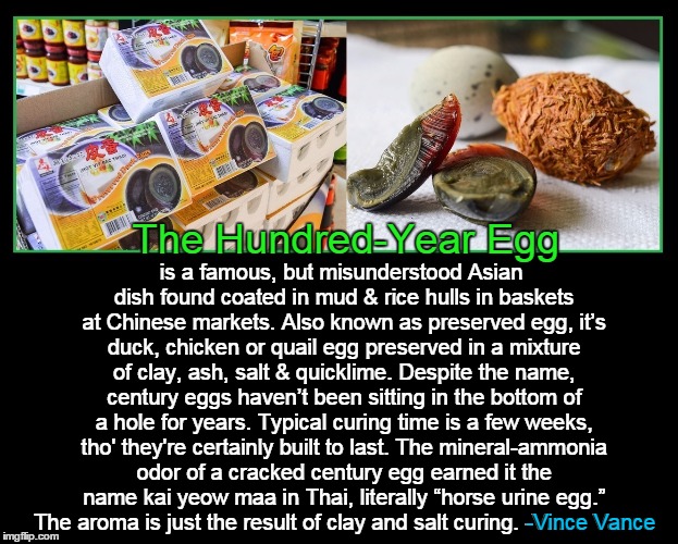 The Hundred-Year Egg is a famous, but misunderstood Asian dish found coated in mud & rice hulls in baskets at Chinese markets. Also known as | made w/ Imgflip meme maker