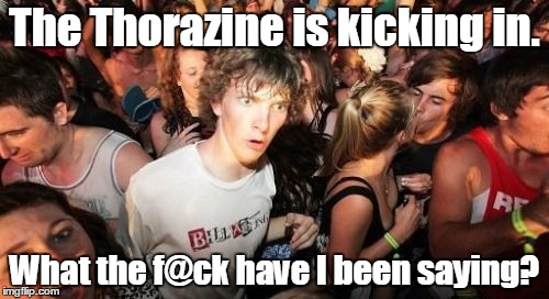 Sudden Clarity Clarence | The Thorazine is kicking in. What the f@ck have I been saying? | image tagged in memes,sudden clarity clarence | made w/ Imgflip meme maker