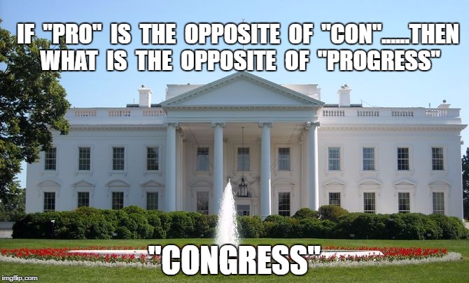 White House | IF  "PRO"  IS  THE  OPPOSITE  OF  "CON"......THEN  WHAT  IS  THE  OPPOSITE  OF  "PROGRESS"; "CONGRESS" | image tagged in white house | made w/ Imgflip meme maker