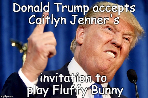 Donald Trump accepts Caitlyn's invite to play Fluffy Bunny | Donald Trump accepts Caitlyn Jenner's; invitation to play Fluffy Bunny | image tagged in donald trump,caitlyn jenner,fluffy,bunny | made w/ Imgflip meme maker