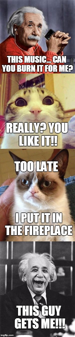 Sarcastic Einstein | THIS MUSIC... CAN YOU BURN IT FOR ME? REALLY? YOU LIKE IT!! TOO LATE; I PUT IT IN THE FIREPLACE; THIS GUY GETS ME!!! | image tagged in sarcastic einstein,grumpy cat,funn,memes | made w/ Imgflip meme maker